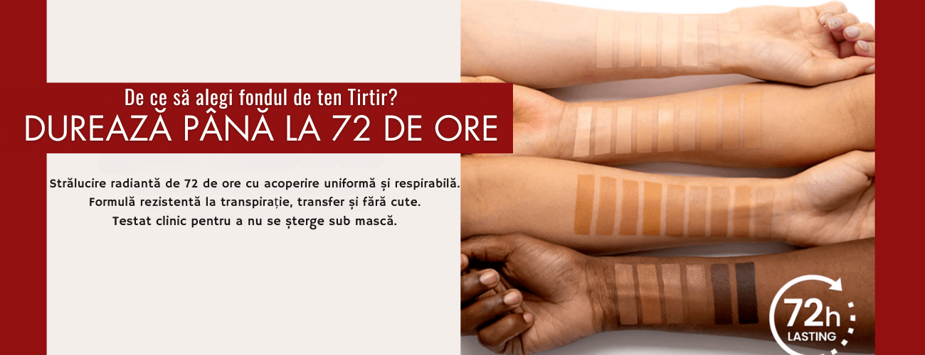 fond de ten tirtir nuanta Fair Porcelain, durează până la 72 de ore. Strălucire radiantă de 72 de ore cu acoperire uniformă și respirabilă. Formulă rezistentă la transpirație, transfer și fără cute. Testat clinic pentru a nu se șterge sub mască